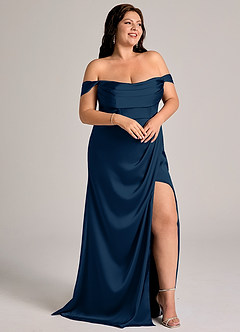 Azazie Johana Abiti da Damigella Abito Convertibile Sirena in Raso Elasticizzato a Spalla Scoperta Marino Scuro image4