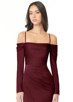 Azazie Hallie Bridesmaid Dresses Cabernet Sheath Off-The-Shoulder Long Sleeve Stretch Satin Convertible Dress image2