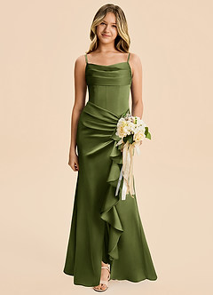 Azazie Rosalia Junior Olive Sheath Pleated Stretch Satin Dress image1