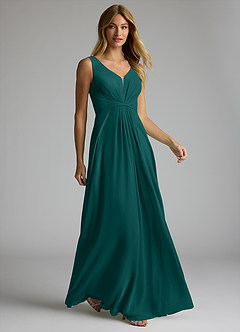 Azazie Gina Brautjungfernkleider A-Linie V-Hals Gefaltet Chiffon Kleid Pfau image3