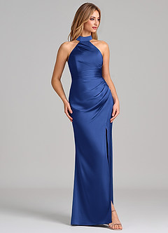 Azazie Karlotta 신부 들러리 드레스 쉬스 주름진 스트레치 새틴 바닥 길이 드레스 image5