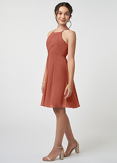 Azazie Ginny Junior A-Linie Plissee Chiffon Kleid Lehm image3