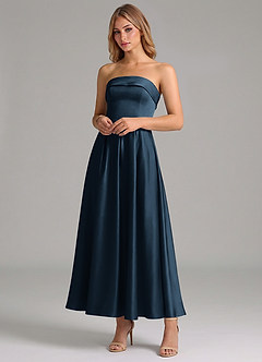 Azazie Lucienne Bridesmaid Dresses Dark Navy A-Line Pleated Stretch Satin Dress image4