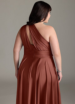 Azazie Charlize Bridesmaid Dresses Auburn A-Line One Shoulder Stretch Satin Dress image16