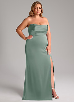 Azazie Saige Vestidos de damas de honor Vestido de Salvia Plateada de Satén Elástico de Corte Recto con Vestidos sin tirantes image17