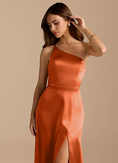 Azazie Trina Bridesmaid Dresses Burnt Orange A-Line One Shoulder Metallic Satin Dress image7