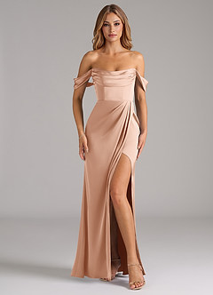 Azazie Johana Bridesmaid Dresses Rose Gold Mermaid Off the Shoulder Stretch Satin Convertible Dress image3