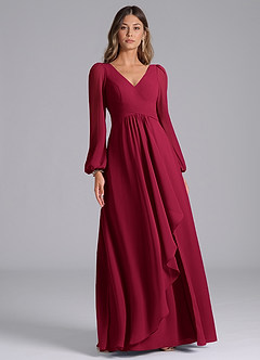 Azazie Liah Bridesmaid Dresses Burgundy A-Line Long Sleeve Chiffon Dress image3