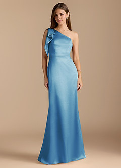 Azazie Rinna Bridesmaid Dresses Steel Blue Mermaid Ruched Metallic Satin Dress image1