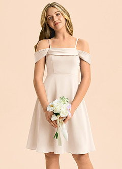 Azazie Anselie Junior White Alabaster A-Line Off the Shoulder Stretch Satin Dress image3