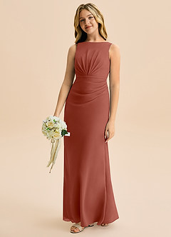 Azazie Floris Junior Robe Trapèze en Mousseline de soie Plissée Auburn image1