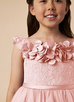 Azazie Demetra Flower Girl Dresses Blushing Pink A-Line Lace Tulle Dress image3