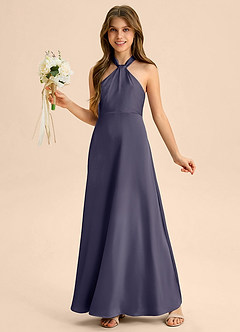 Azazie Beah Junior Robe Trapèze en Satin extensible Plissée Bleu Orageux image3