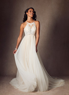 Azazie Odell Robes de mariée Robe Trapèze en Tulle Paillettes dos nu Diamant Blanc Champagne image4
