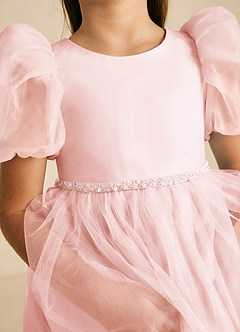 Azazie Blondie Robe Demoiselle D'honneur Fillette Robe Trapèze en Tulle avec manches Rose Pâle image5