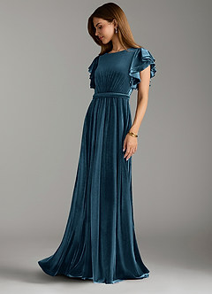 Azazie Daphne Modest Bridesmaid Dresses A-Line Velvet Floor-Length Dress with Belt image4