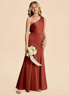 Azazie Ren Junior Robe Trapèze en Satin extensible Plissé Terracotta image3