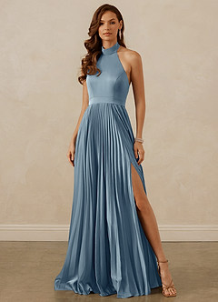 Christian Siriano Bridal for Azazie 1007 Bridesmaid Dresses Dusty Blue A-Line Pleated Stretch Satin Dress image1