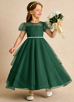 Azazie Duckie Flower Girl Dresses Dark Green Ball-Gown Pleated Tulle Dress image1