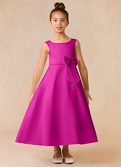 Azazie Lindy Flower Girl Dresses Fuchsia A-Line Pleated Matte Satin Dress image2