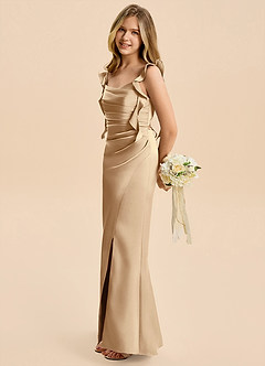 Azazie Jessamine Junior Champagne Sheath Ruched Stretch Satin Dress image7
