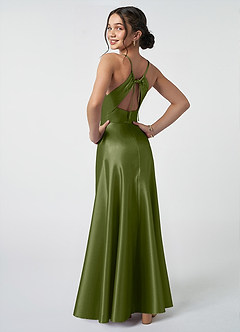 Azazie Avelina Junior Olive A-Line Pleated Metallic Satin Dress image2