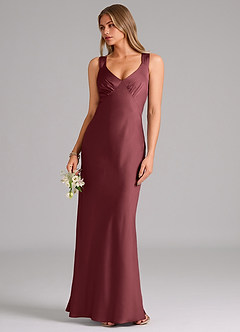 Azazie Kamila Bridesmaid Dresses Merlot A-Line Pleated Stretch Satin Dress image5