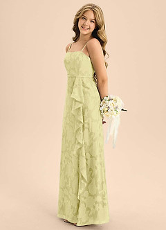 Azazie Kaylee Junior Lemon Sorbet A-Line with Belt Floral Burnout Dress image3