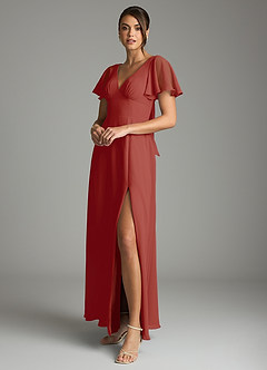 Azazie Kimber Bridesmaid Dresses Terracotta A-Line Flounce Sleeve Chiffon Dress image5