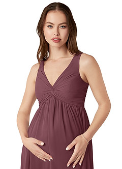 Azazie Yetta Maternity Bridesmaid Dresses A-Line V-Neck Gathered Chiffon Floor-Length Dress image6