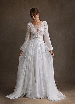 Azazie Keylani Wedding Dresses Diamond White Champagne A-Line Lace Dress image4