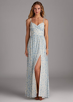 Azazie Zeya Abiti da Damigella Abito A-Line in Chiffon con Scollo a V a Pieghe Blue And White Ditsy Floral image1