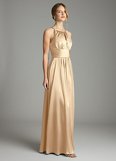 Azazie Bonnie Bridesmaid Dresses Champagne A-Line Pleated Stretch Satin Dress image4