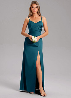 Azazie Azuree Bridesmaid Dresses Ink Blue A-Line Pleated Stretch Satin Dress image3