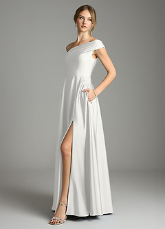 Azazie Melanie Vestidos de damas de honor Vestido de Blanco de Satén Elástico de Corte en A con Vestidos sin tirantes image4