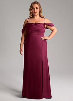 Azazie Saige Bridesmaid Dresses Burgundy Sheath Off the Shoulder Stretch Satin Dress image15