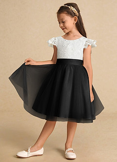 Azazie Vetty Flower Girl Dresses Ivory Black A-Line Lace Tulle Dress image4