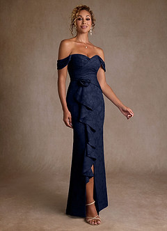 Azazie Irene Mother of the Bride Dresses Dark Navy A-Line Off the Shoulder Floral Burnout Dress image1