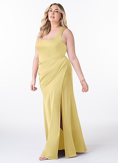 Azazie Mero Bridesmaid Dresses Lemon Sorbet Sheath Pleated Stretch Satin Dress image8