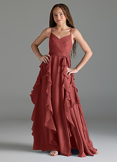 Azazie Peyton Junior Terracotta A-Line V-Neck Cascading Ruffles Chiffon Dress image1