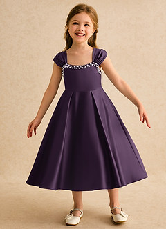 Azazie Yosemite Jurken voor bloemenmeisjes Baljurk Jurk van Mat Satijn Sweetheart Halslijn Pruim image3