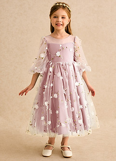 Azazie Elowen vestidos de niña de las flores Vestido Rosa Polvorienta de Encaje de Línea A con Escote corazón image3