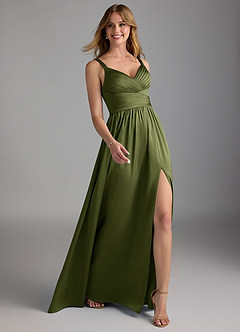 Azazie Chanel Bridesmaid Dresses Olive A-Line Pleated Stretch Satin Dress image6