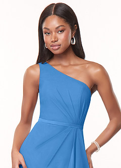 Azazie Liza Vestidos de damas de honor Vestido de Azul Grisaceo de Gasa de Corte Sirena con Hombro unilateral image5