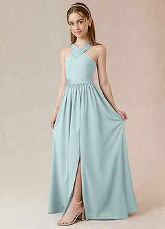 Azazie Jiya Junior Mist A-Line Pleated Stretch Satin Dress image1