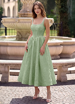 sage green jacquard dress Glamorous Sage Green Jacquard Tiered Maxi Dress Slit Spaghetti Strap Formal  Evening Gown DP2586 main image 1