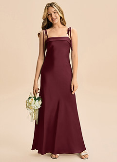 Azazie Willa Junior Vestido de Cabernet de Satén Elástico de Corte en A con Lazo image4