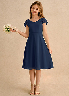 Azazie Narin Girls Formal Flower Girl Dresses Dark Navy A-Line with Sleeves Chiffon Dress image1