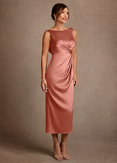 Azazie Mazhe vestidos de madre de la novia Vestido de Rosa Salmón de Satén Elástico de Corte en A con Plisado image4