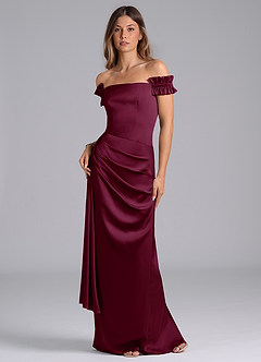 Azazie Kalysia Robes de demoiselle d'honneur Robe Sirène Convertible en Satin extensible Épaule décolletée Mûre image1